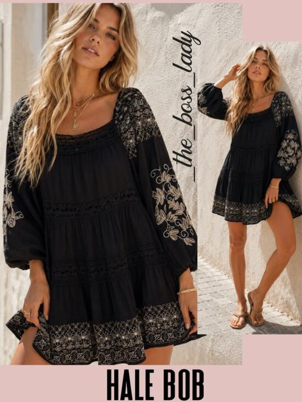 Hale Bob embroidered dress floral crochet trim long sleeves Small